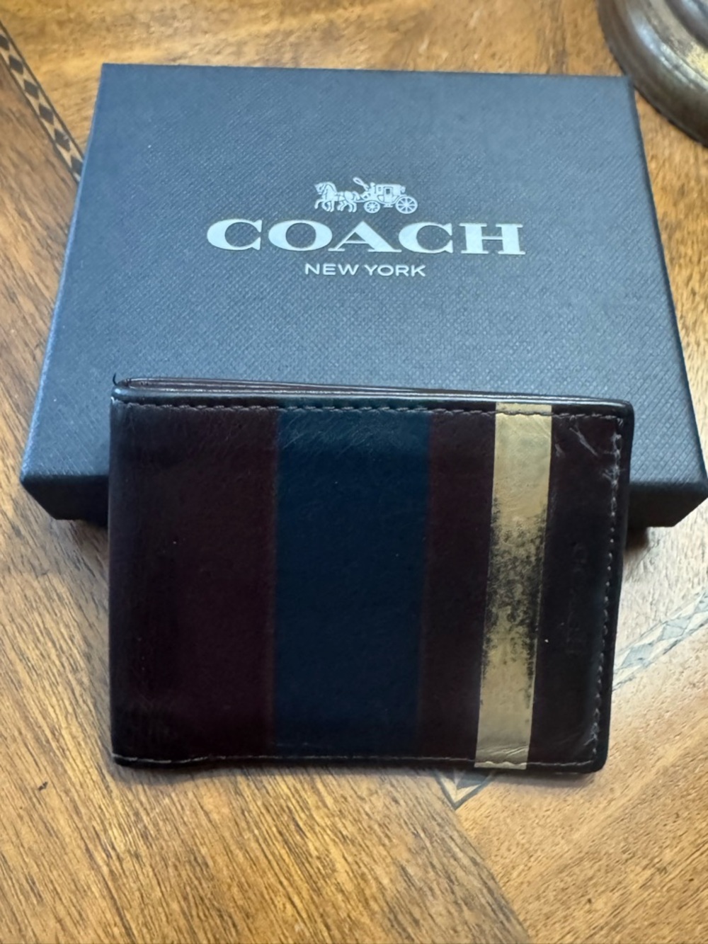 Coach Men's Brown Leather Wallet with Navy & Tan Stripe